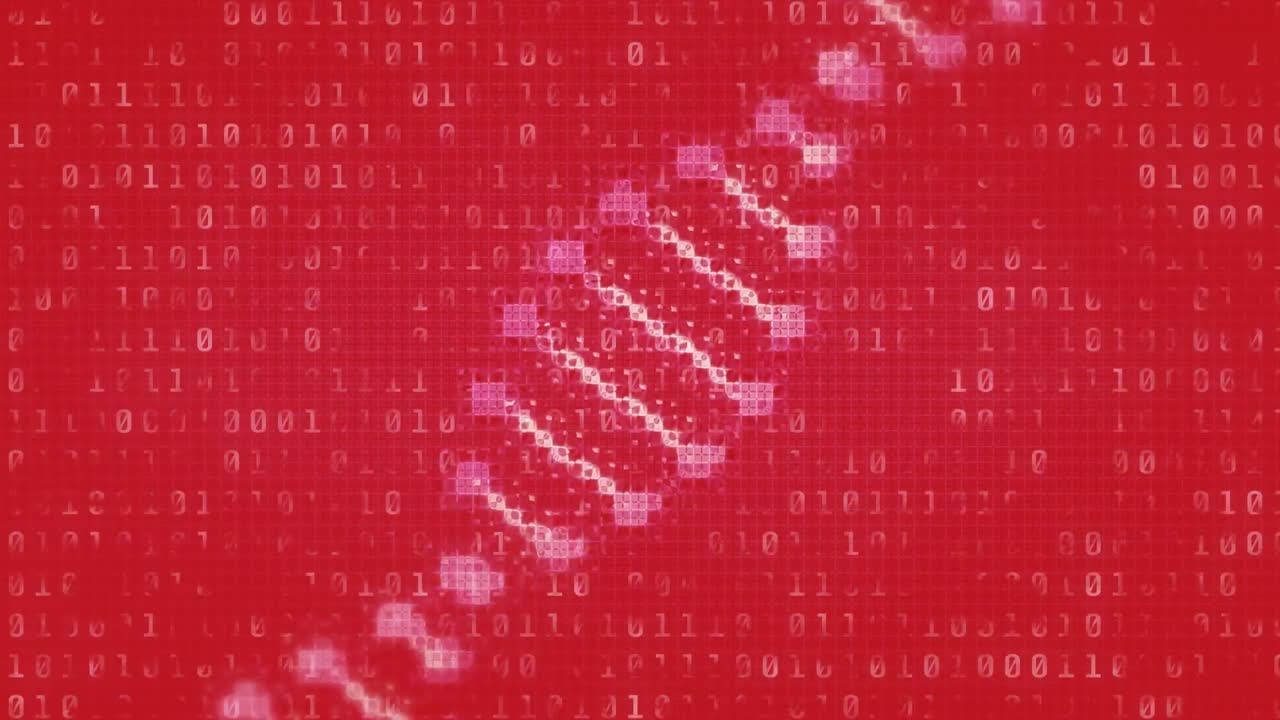 은 배경에서 회전하는 dna 구조에 대한 이진 코딩 데이터 처리의 애니메이션