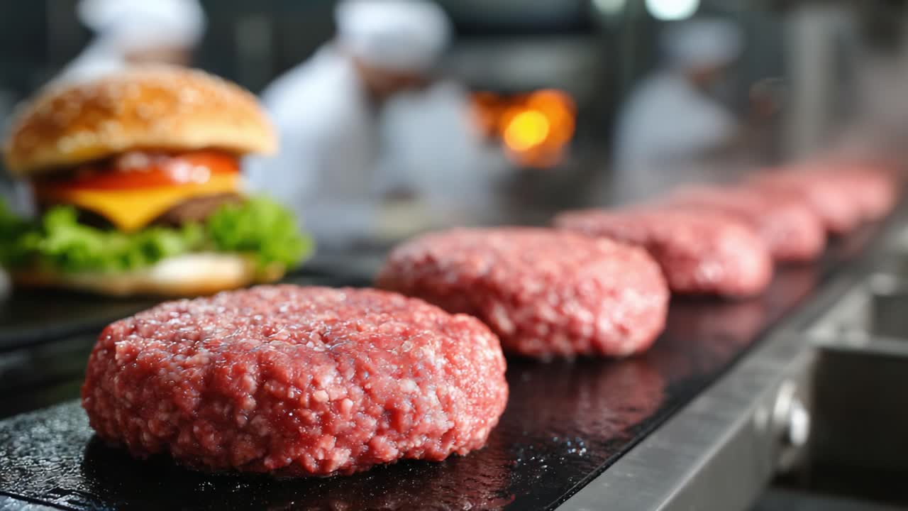 Sizzling Freshly Made Burgers Cooking on a Griddle in a Professional Kitchen with Chefs Preparing Gourmet Meals
