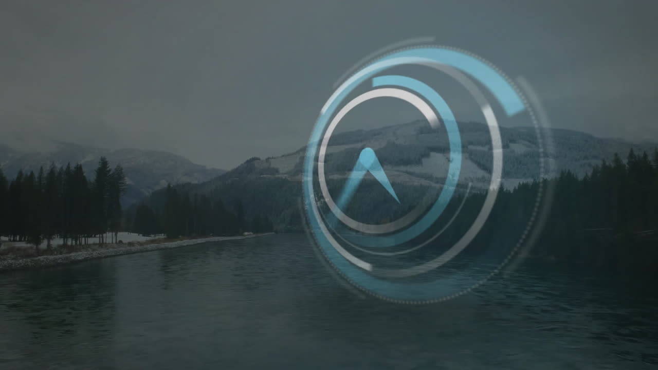 Animating circular digital interface over serene mountain lake landscape