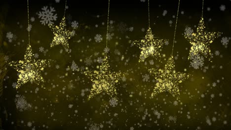 Animation-of-snowflakes-floating-over-golden-stars-on-black-background