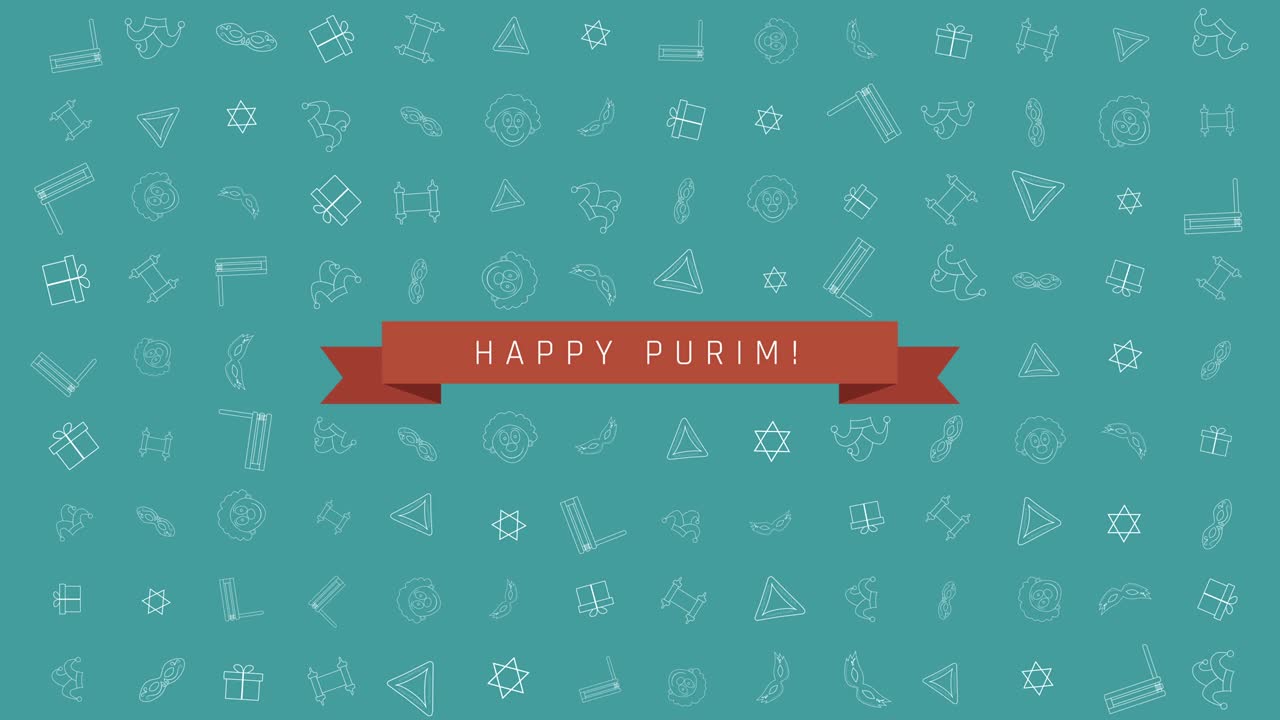 푸림 휴일 평평한 디자인 애니메이션 배경과 전통적인 윤 아이콘 기호 및 영어 텍스트