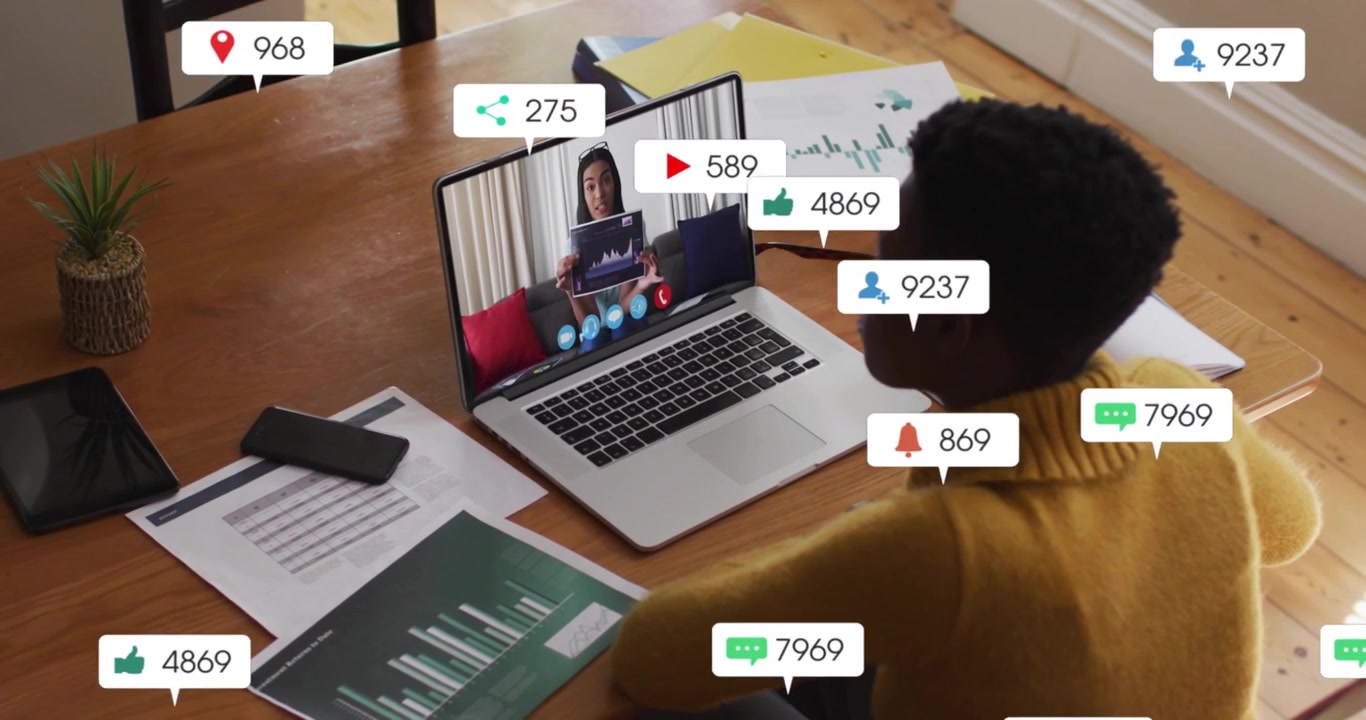 Man starting business call, woman showing graph while social metrics floating and multiplying