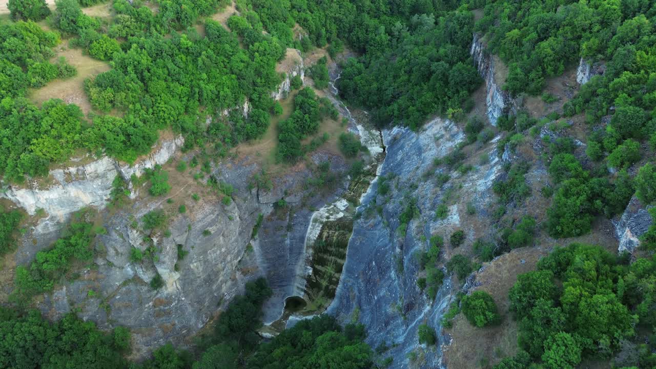 Tsoukas Agia Anna waterfall no water dry in summer North Greece aerial drone Macedonia nature