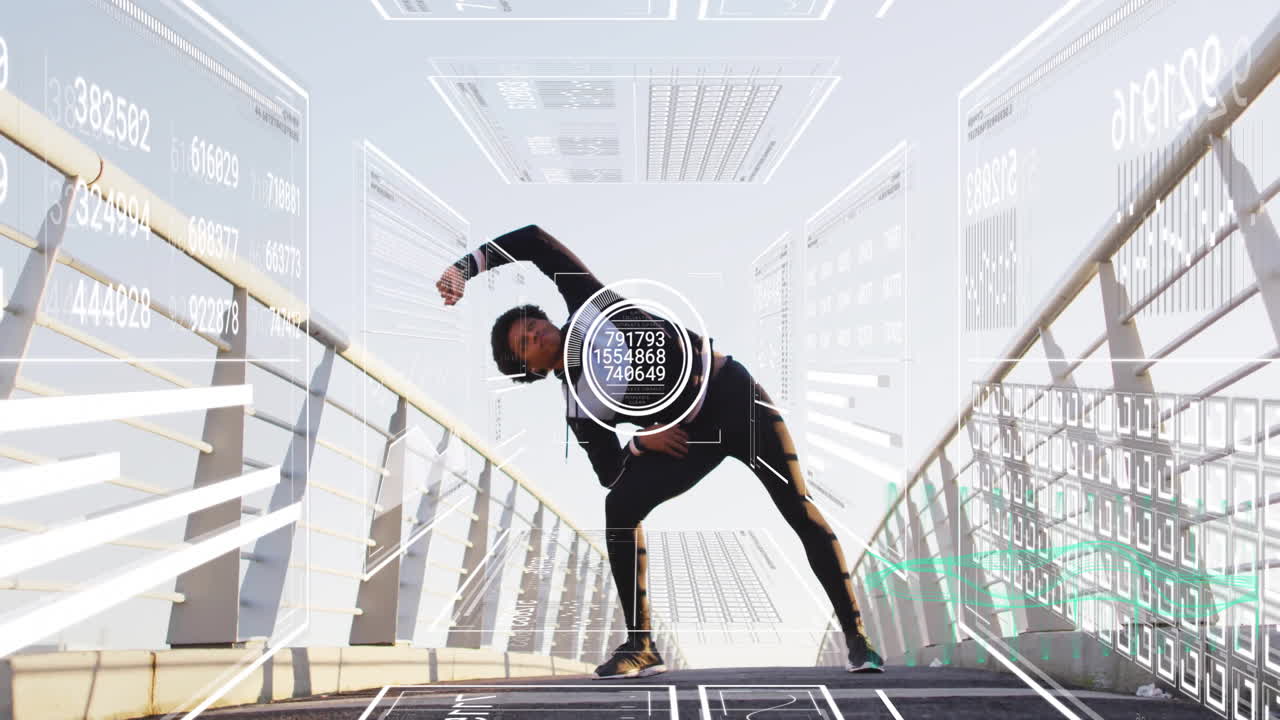 Person stretching on bridge with digital data overlay animation surrounding them