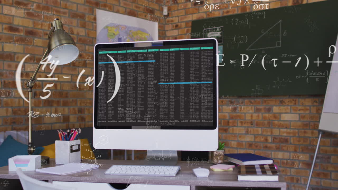 Displaying animation of mathematical equations, computer screen in home office