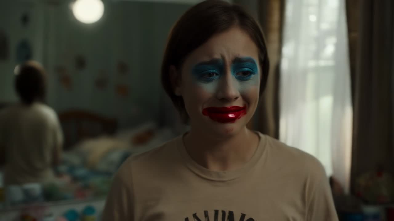 Donna che nota il riflesso nello specchio e reagisce alla toeletta in camera da letto con trucco da clown, indossa una t-shirt beige