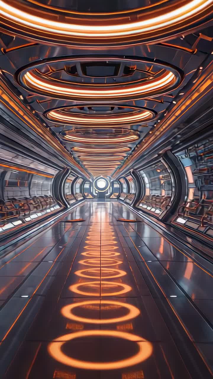 Vertical video: After pause camera gliding past pulsing rings along corridor toward glowing portal