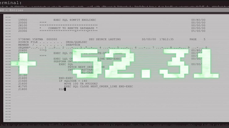 Animation of financial data processing over screen