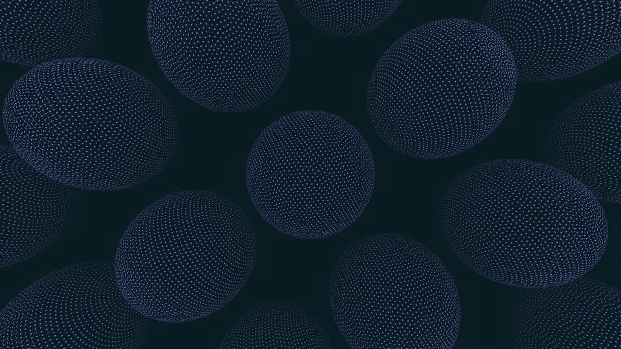 A mesmerizing pattern of overlapping dark blue circles composed of dots creates an illusion of floating spheres in a circular arrangement against a dark blue background