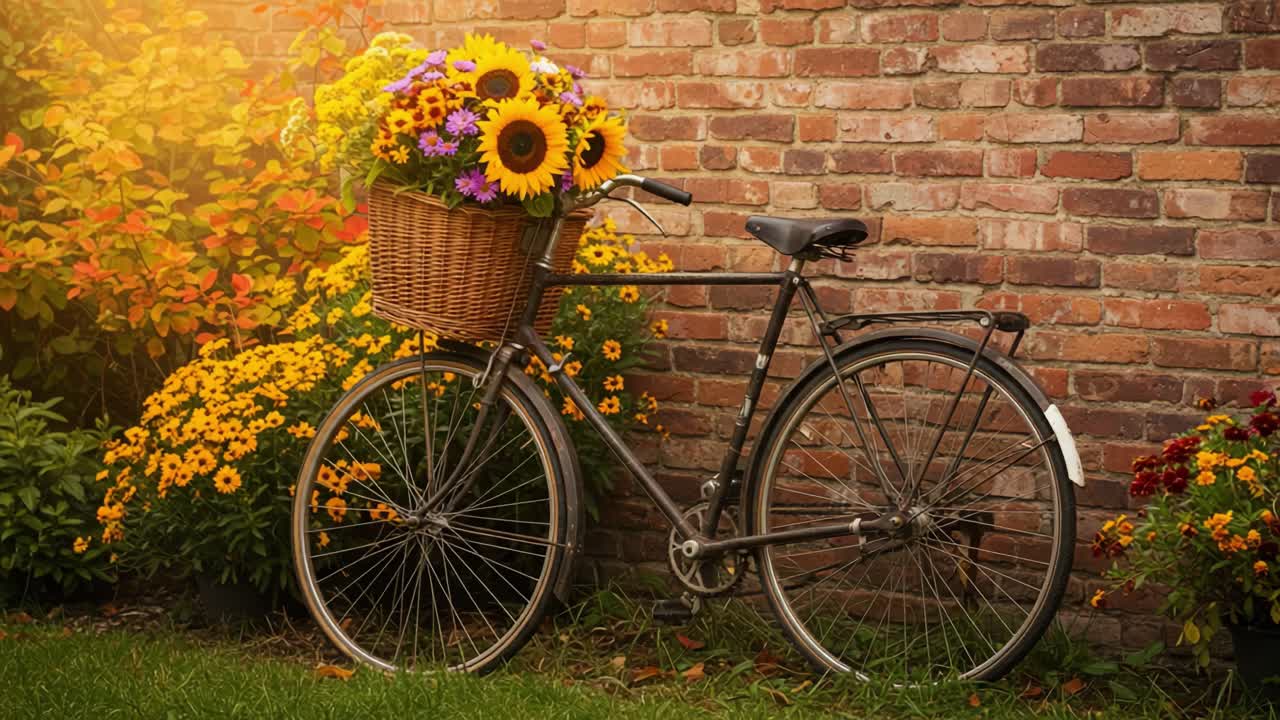 A Charming Vintage Bicycle Adorned with a Basket of Vibrant Flowers, Resting Against a Rustic Brick Wall Amidst a Colorful Garden, Capturing the Essence of Springtime Beauty