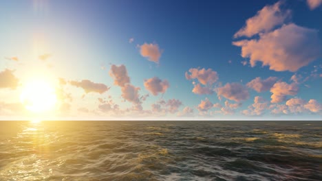 animación fotorrealista en 3d de un entorno natural con una puesta de sol en el lado izquierdo de la pantalla, nubes, cielo azul y olas del océano