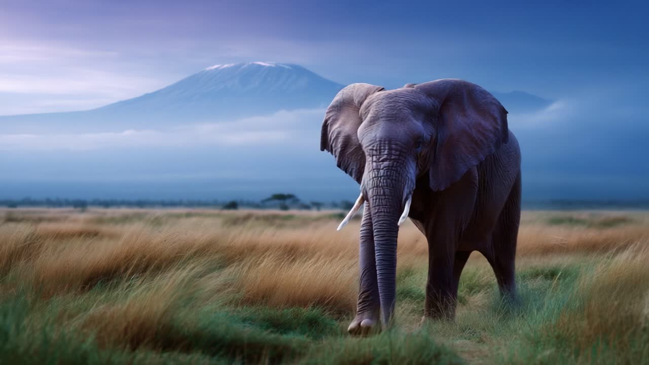Majestætisk elefant, der går yndefuldt over det afrikanske landskab med et bjerglandskab i baggrunden under en smuk morgenhimmel