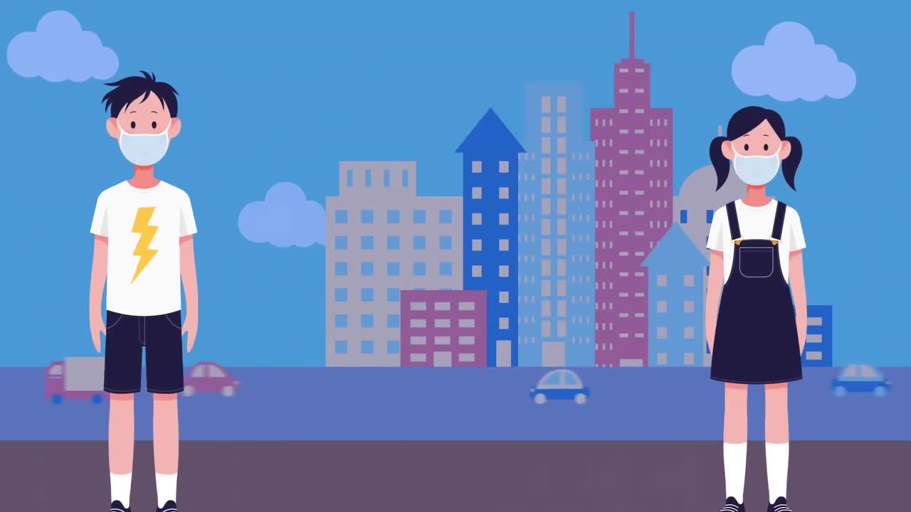 사회적 거리를 유지하는 얼굴 마스크를 입은 소년과 소녀의 애니메이션