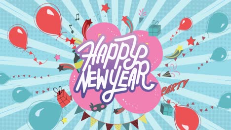 animation of happy new year text over balloons and blue stripes spinning in background