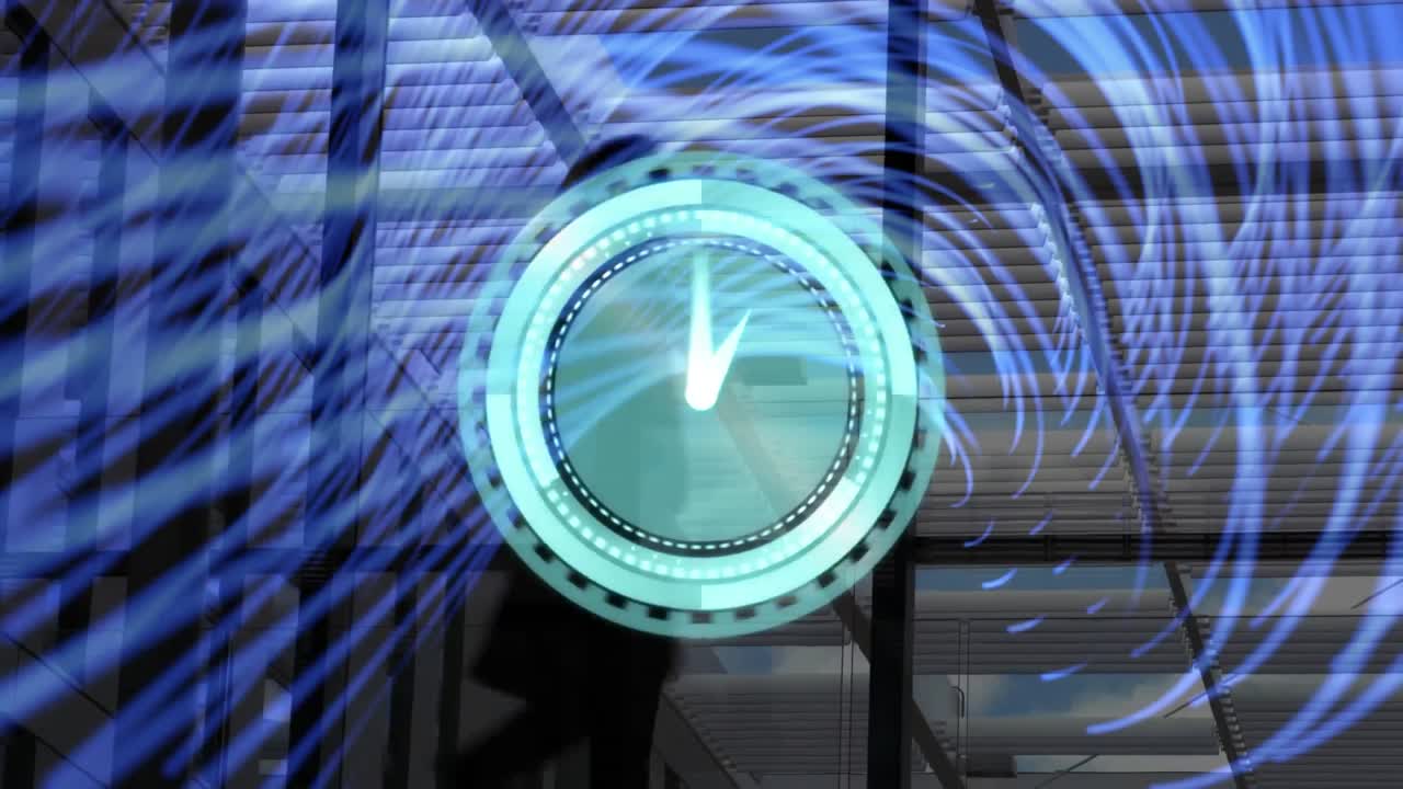 보라색 선 위에 빠르게 움직이는 시계와 걸어가는 사업가들의 애니메이션