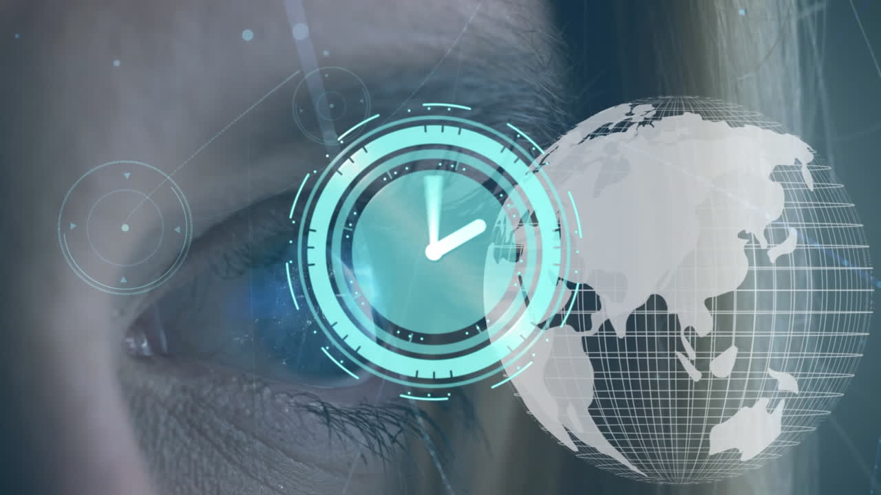 白人女性の目の上に動く時計と地球のアニメーション