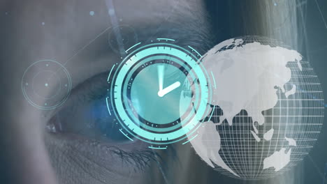 animación de reloj en movimiento y globo sobre el ojo de una mujer caucásica