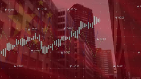 animation of flag of china and data processing over cityscape