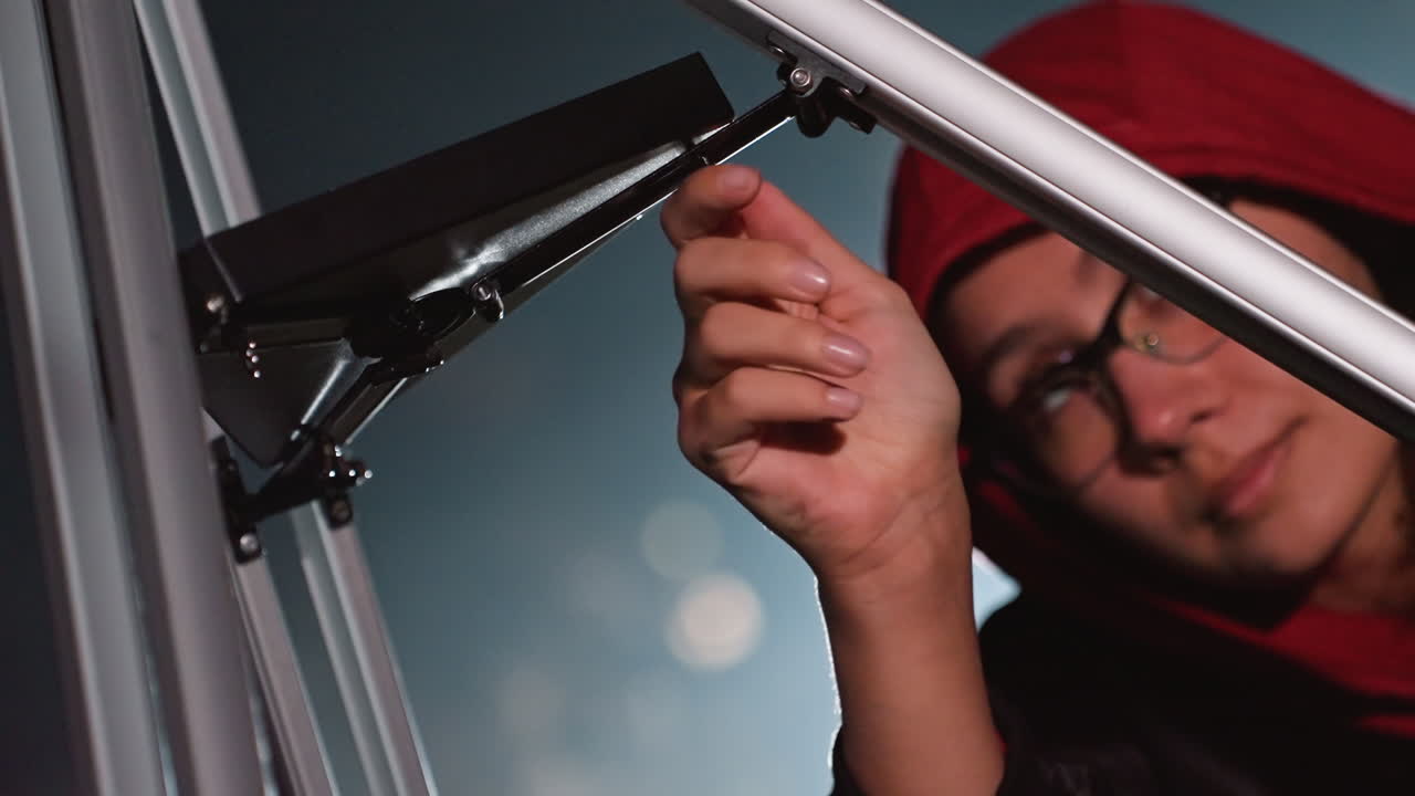 Stargazer finetuning telescope mount at night, closeup hand adjusting eyepiece screw with red hoodie and glasses in frame, soft bokeh star points in background, amateur astrophotography setup