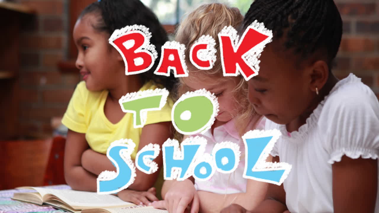 Animation of back to school text over diverse girls reading books in school