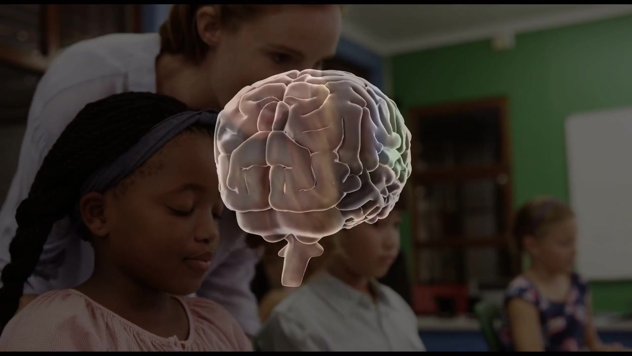 Teen girl typing on keyboard in edu causing 3D brain rotating, teacher assisting, student smiling