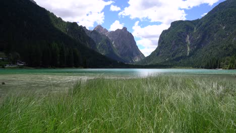 lake dobbiaco in the dolomites, italy