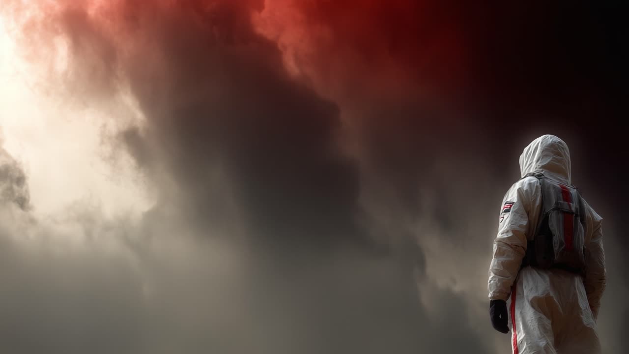 Una figura solitaria con un traje espacial se alza bajo un cielo ominoso lleno de nubes arremolinadas de rojo y negro, evocando una sensación de misterio y exploración en un paisaje alienígena