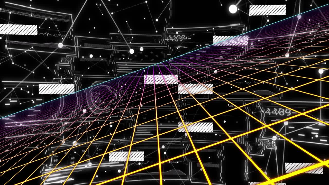 Frame one starting grid plane scrolling, data tiles drifting, numbers updating for data corridor