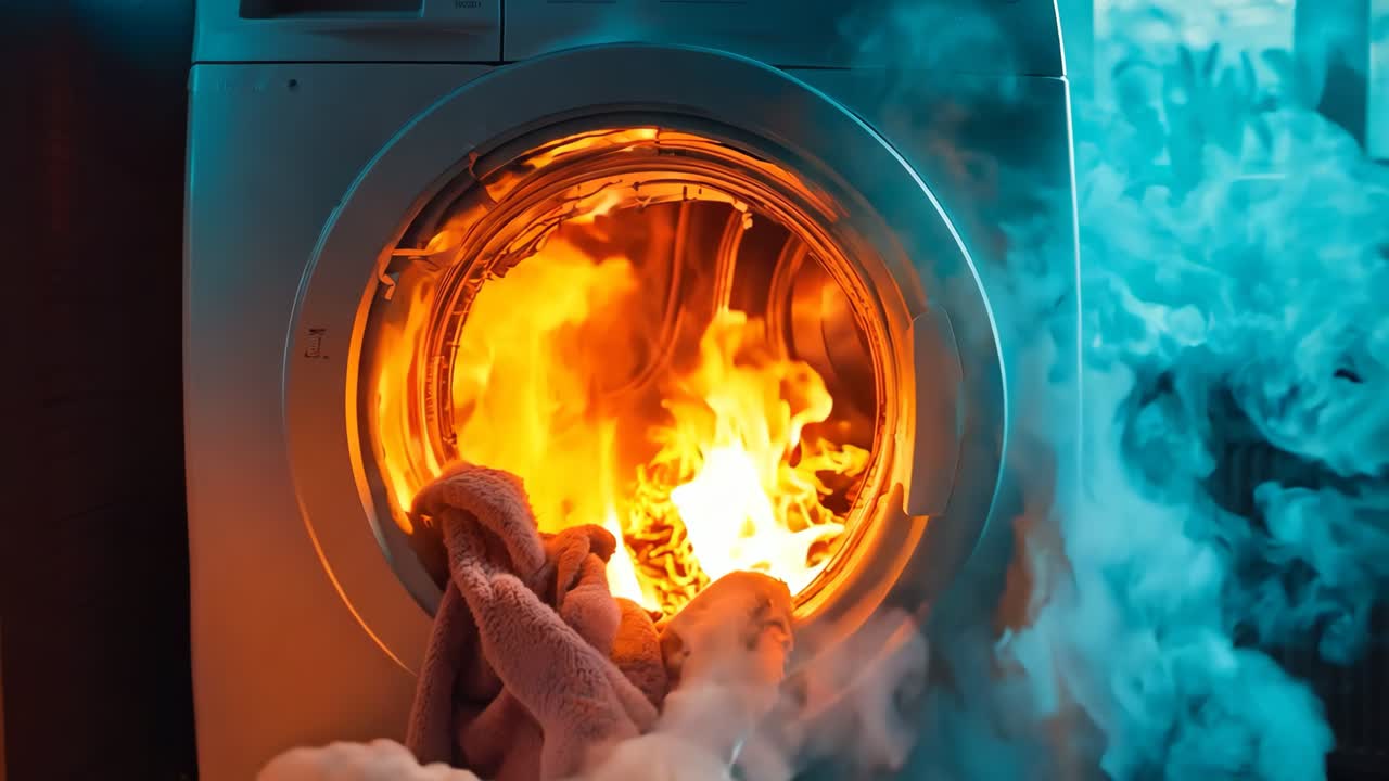 한 사람이 세탁기에 수건을 넣고 불이 나옵니다.