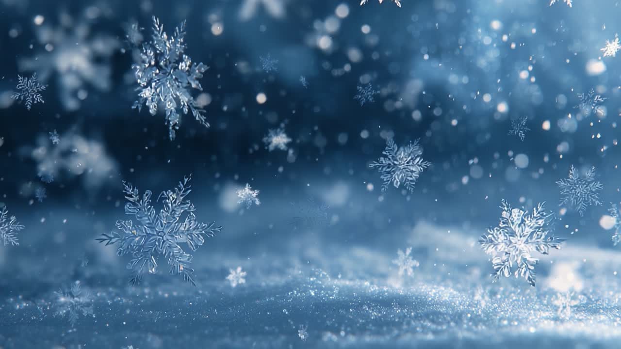 Captivating Winter Wonderland: A Beautiful Display of Falling Snowflakes in a Glimmering Blue Background Featuring a Magical Winter Atmosphere
