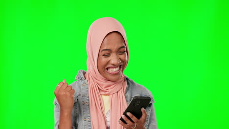 Green-screen,-phone-and-muslim-woman-winning