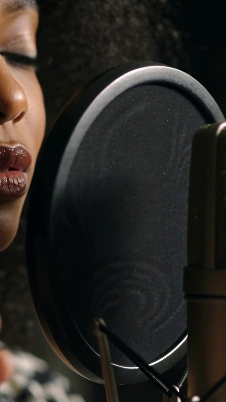 Video verticale: Cantante con top stampato che si avvicina al microfono in studio mentre parte la base.