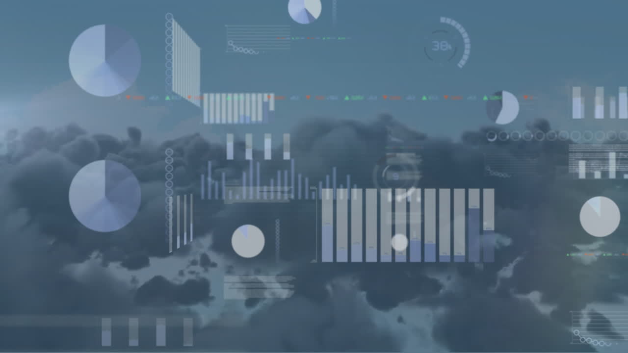 Animation of multiple graphs, loading circles and trading board over aerial view of forest