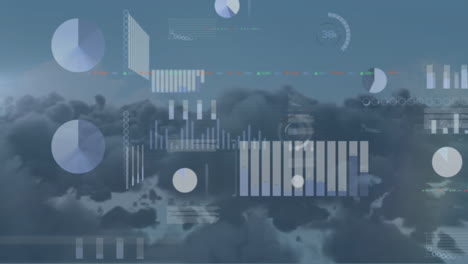 Animation of multiple graphs, loading circles and trading board over aerial view of forest
