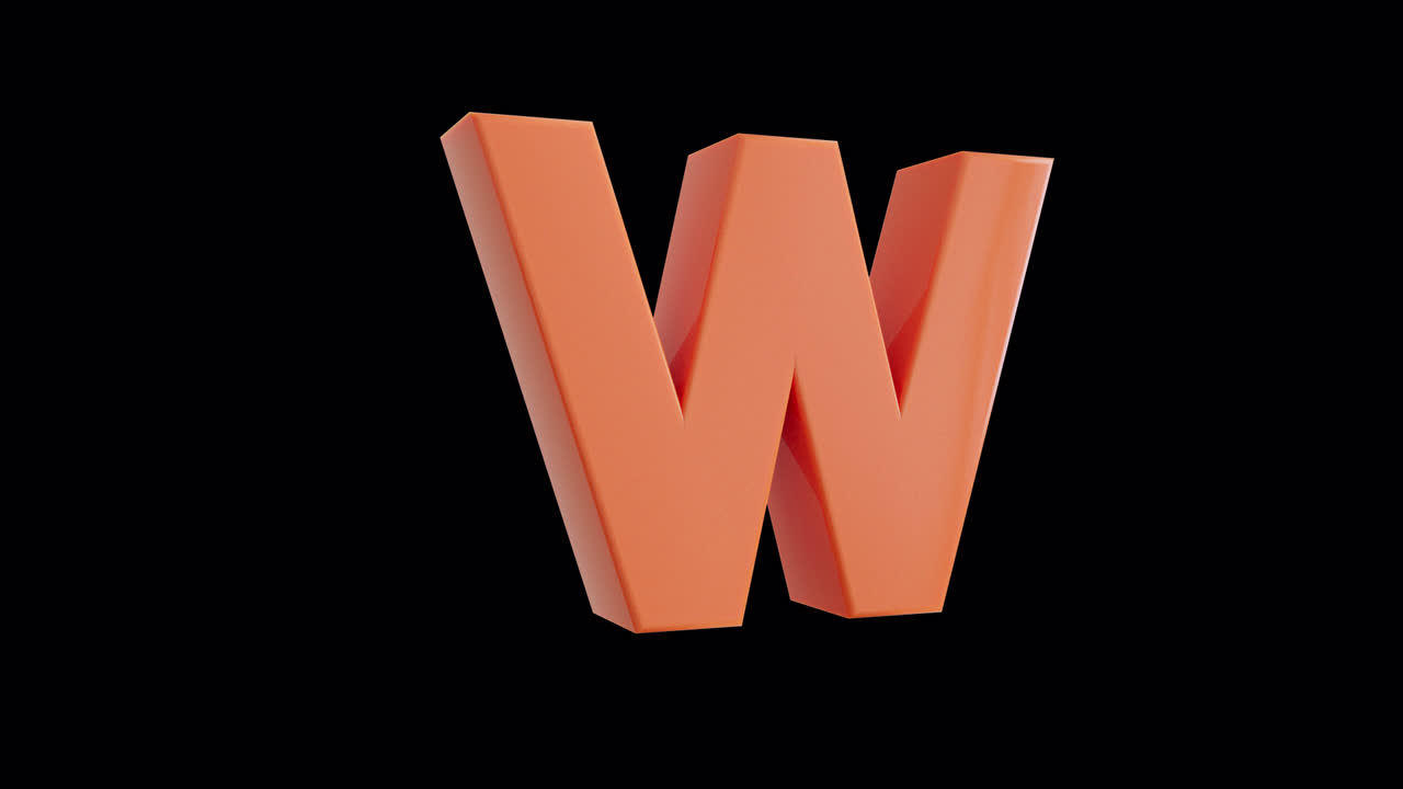 Lettera W 3D arancione che ruota su sfondo nero.