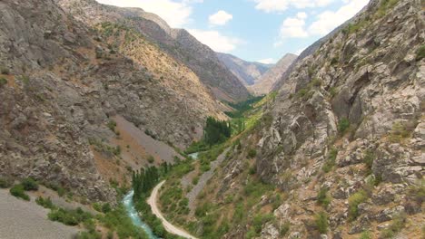 aerial view of jade lake on foothills of rocky slopes at mountain urungach in ugam-chatkal national park, uzbekistan