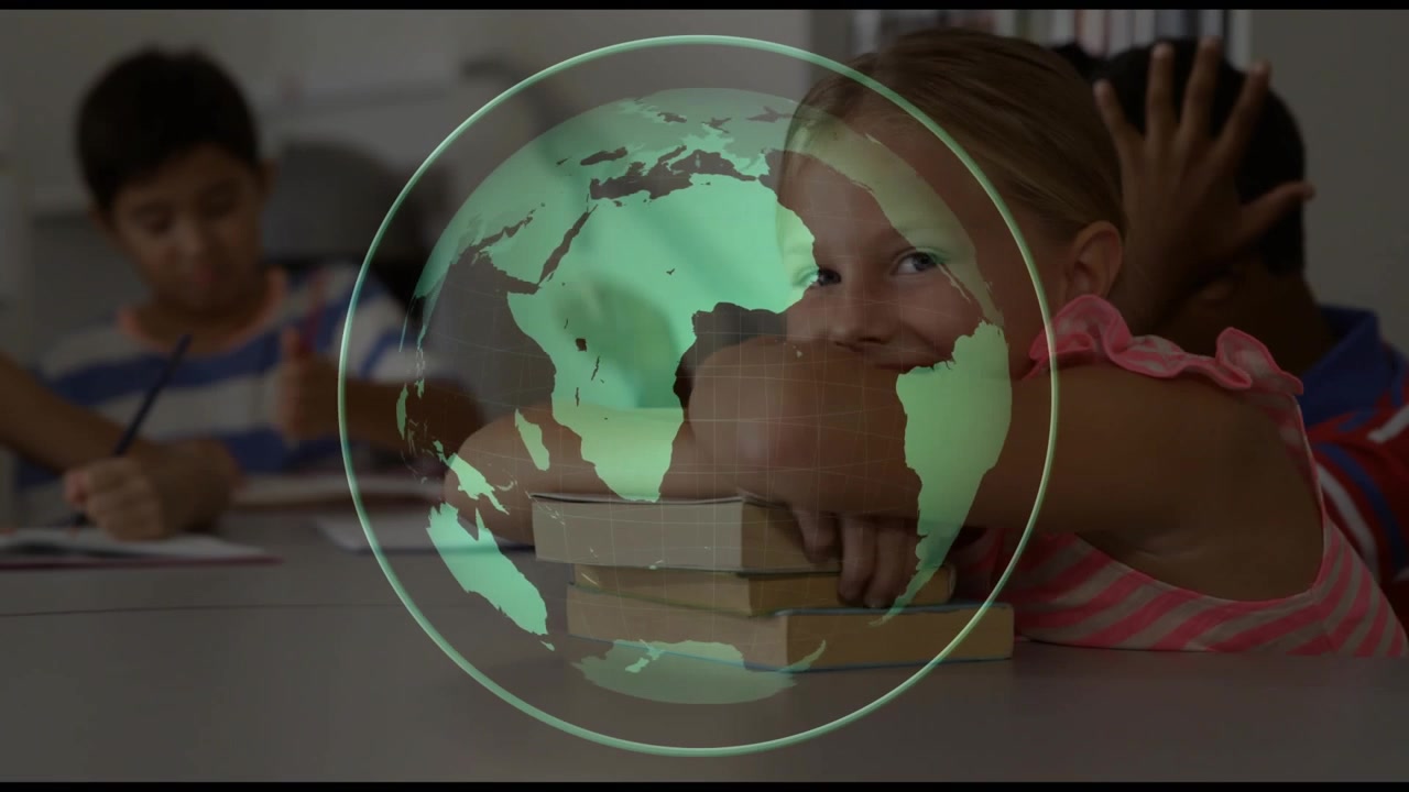 Girl lifting textbook and browsing pages after green globe appearing over classroom for study