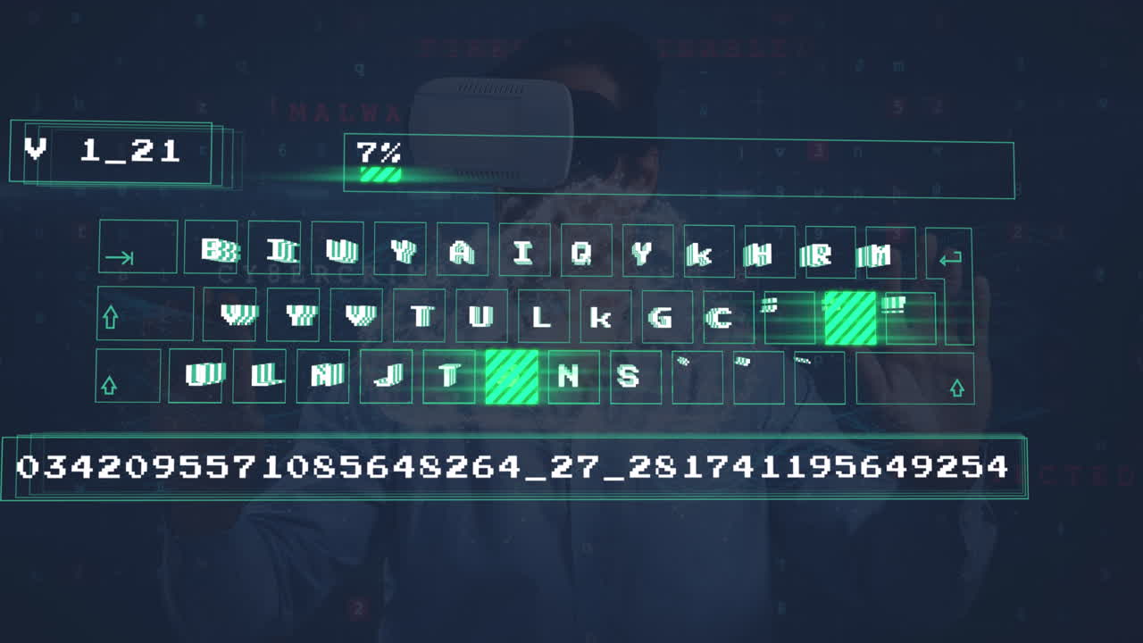 Animation of digital data processing on keyboard over biracial businessman wearing vr headset