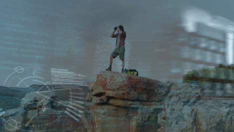 person standing on cliff overlaid with typing hands on keyboard animation