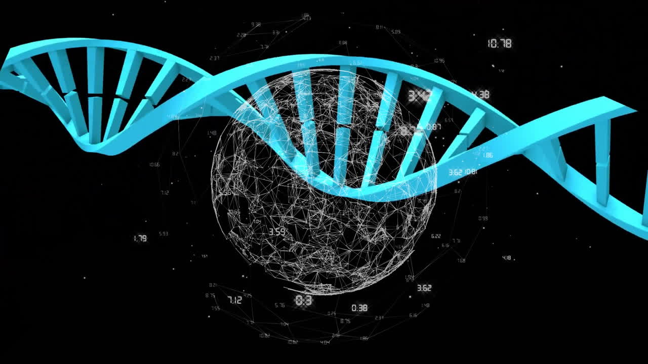 Turquoise-blue DNA helix animating across space intersecting wireframe globe with floating data