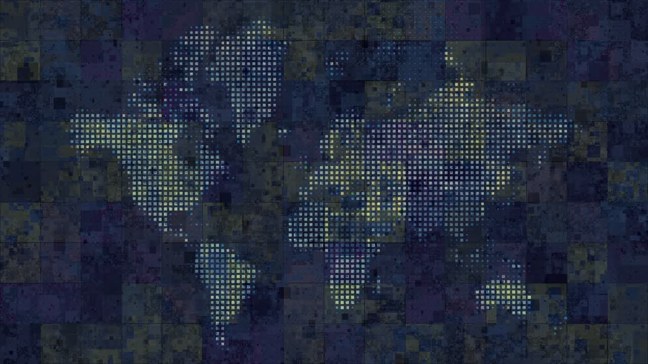 Abstract world map animation, pixelated dots, dark grunge tiled background, industrial digital technology theme concept