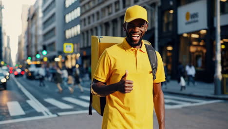 smiling delivery person in urban setting