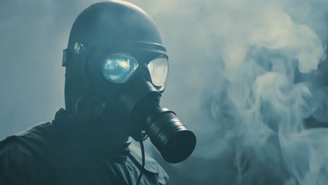 soldier in tactical gear breathes in smoke while wearing a gas mask, highlighting the dangers of a hazardous environment