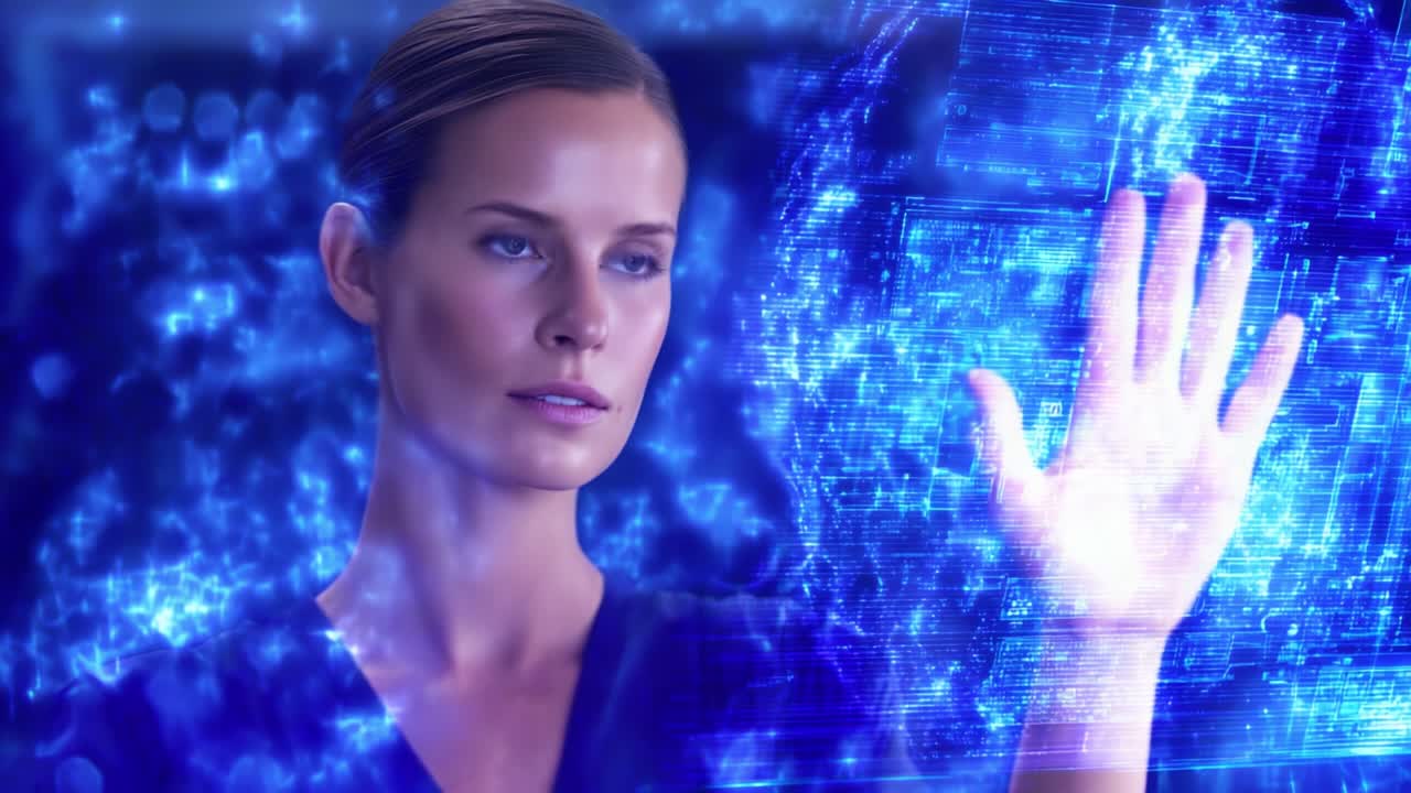 A woman interacts with a futuristic holographic display, showcasing advanced technology and immersive graphics in a strikingly illuminated digital environment