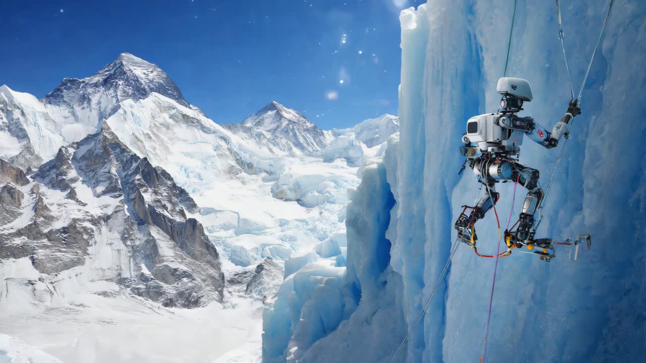 A robot ice climbing in a snowy mountain landscape