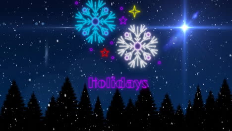 Animation-of-holidays-text-and-snow-falling-over-trees-on-blue-background