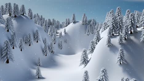 animation of snow falling over winter landscape with fir trees background