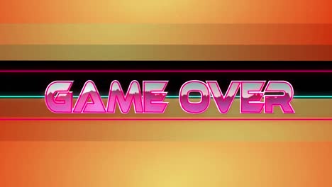 animación del juego sobre texto en color rosa metálico, sobre líneas de neón en naranja y negro
