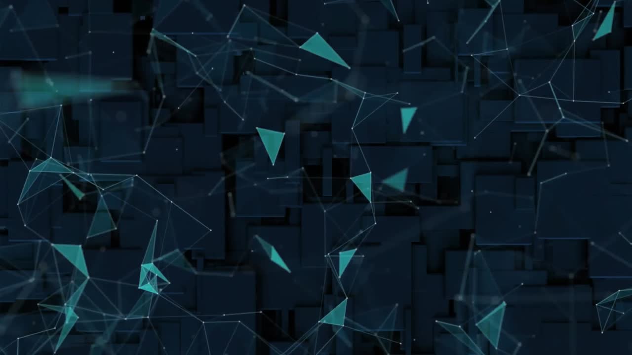 animación de bloques 3d azules y redes de conexiones con triángulos verdes
