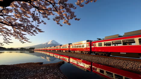 red train through cherry blossoms and mount fuji